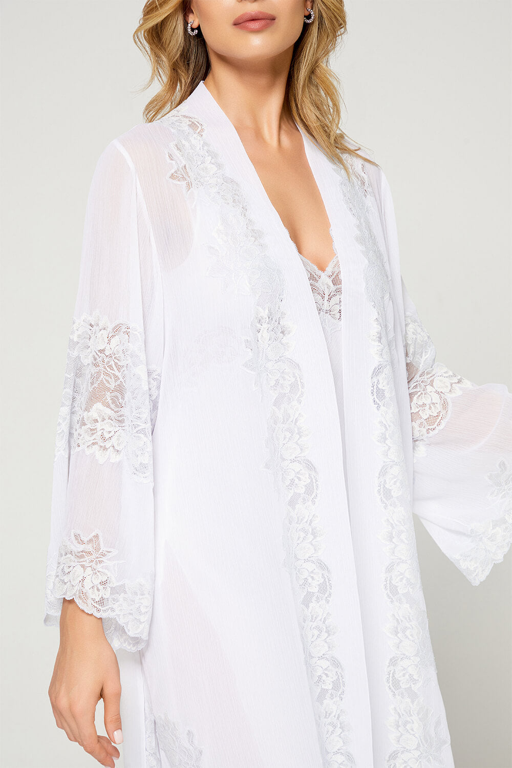 Amelia- Trimmed Silk Chiffon Kimono Set - Gold Lace on Off White