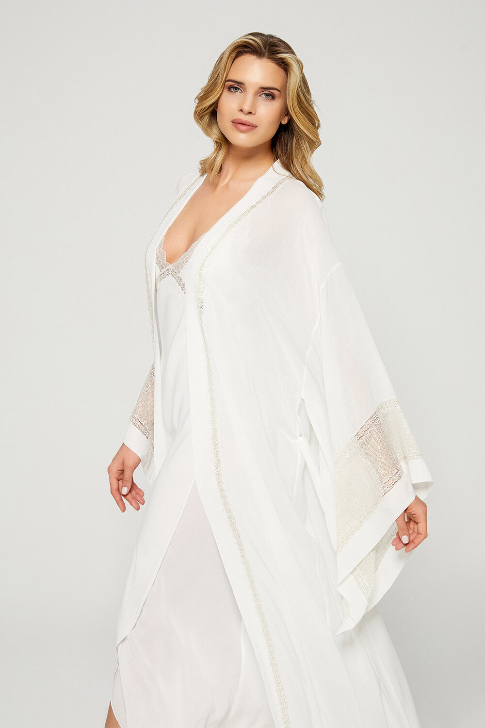 Amal - Trimmed Silk Chiffon Kimono Set - Gold Lace on Off White