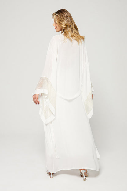 Amal - Trimmed Silk Chiffon Kimono Set - Gold Lace on Off White