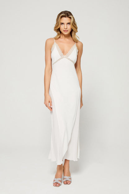 Beth - Trimmed Silk Crepe Nightgown - Gold Lace on Off White