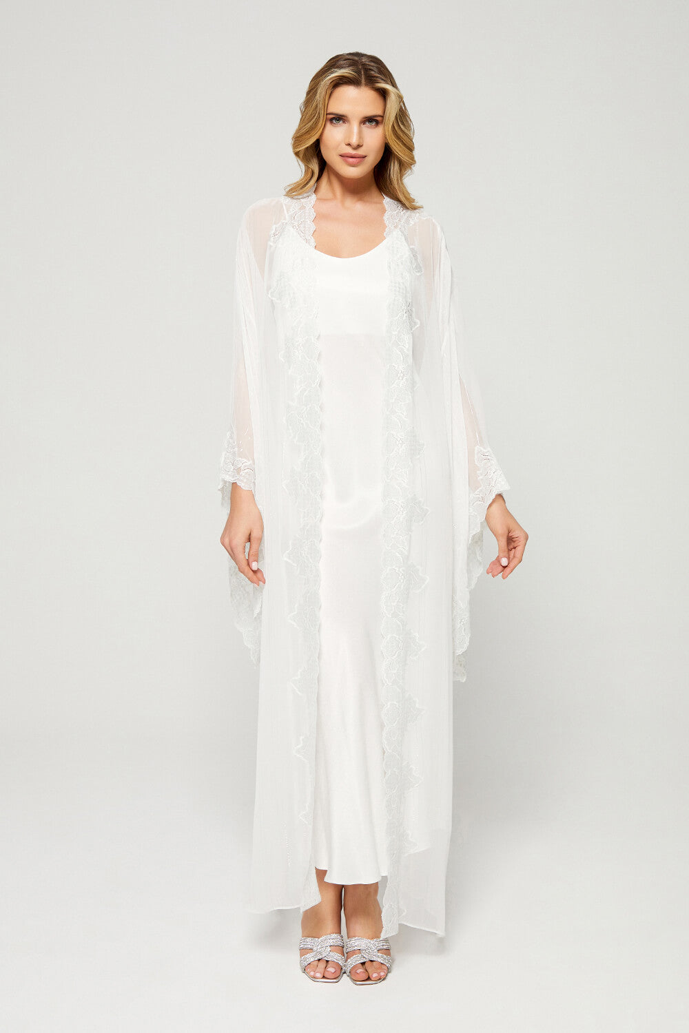 Adela - Trimmed Silk Chiffon Sheer  Robe Set - Silver Lace on Off White