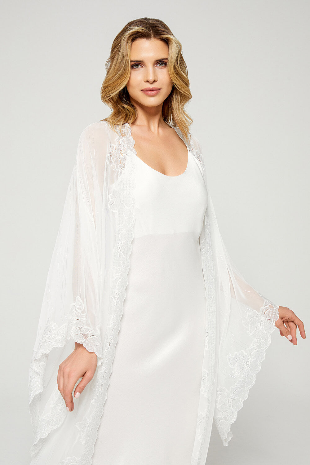 Adela - Trimmed Silky Chiffon Sheer Robe Set - Silver Lace on Off White