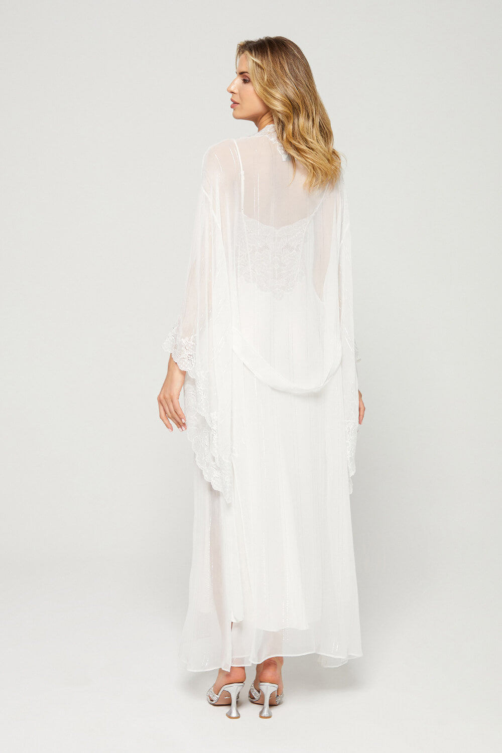Adela - Trimmed Silk Chiffon Sheer  Robe Set - Silver Lace on Off White