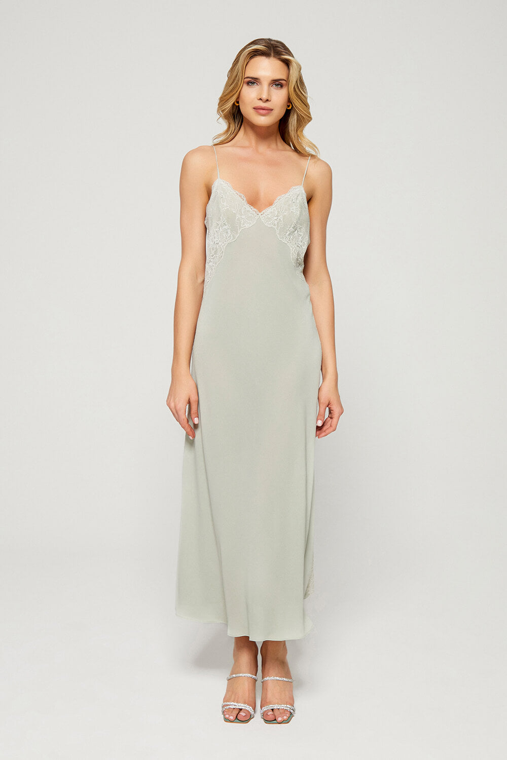 Sage - Long Silk Strapped Nightgown - Mint Green