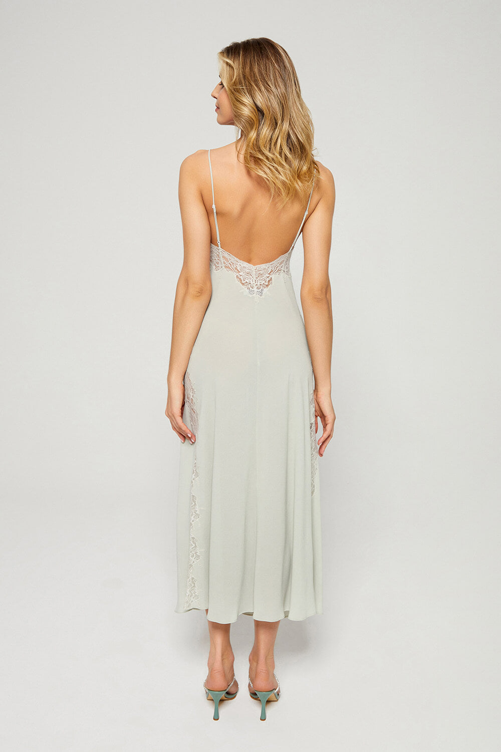 Sage - Long Silk Strapped Nightgown - Mint Green
