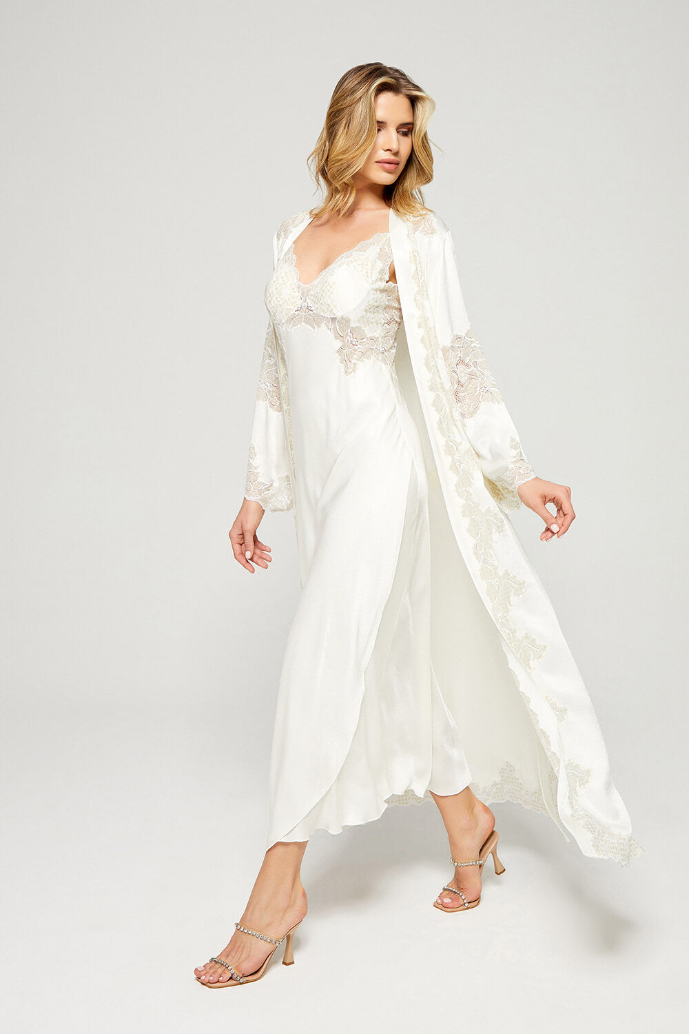 Yvonne - Long Rayon Trimmed with Lace Robe Set - Off White