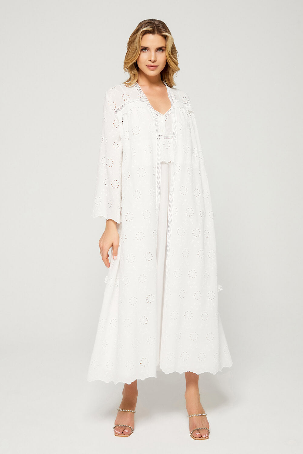Lyra - Long Cotton Trimmed Robe Set with Buttons