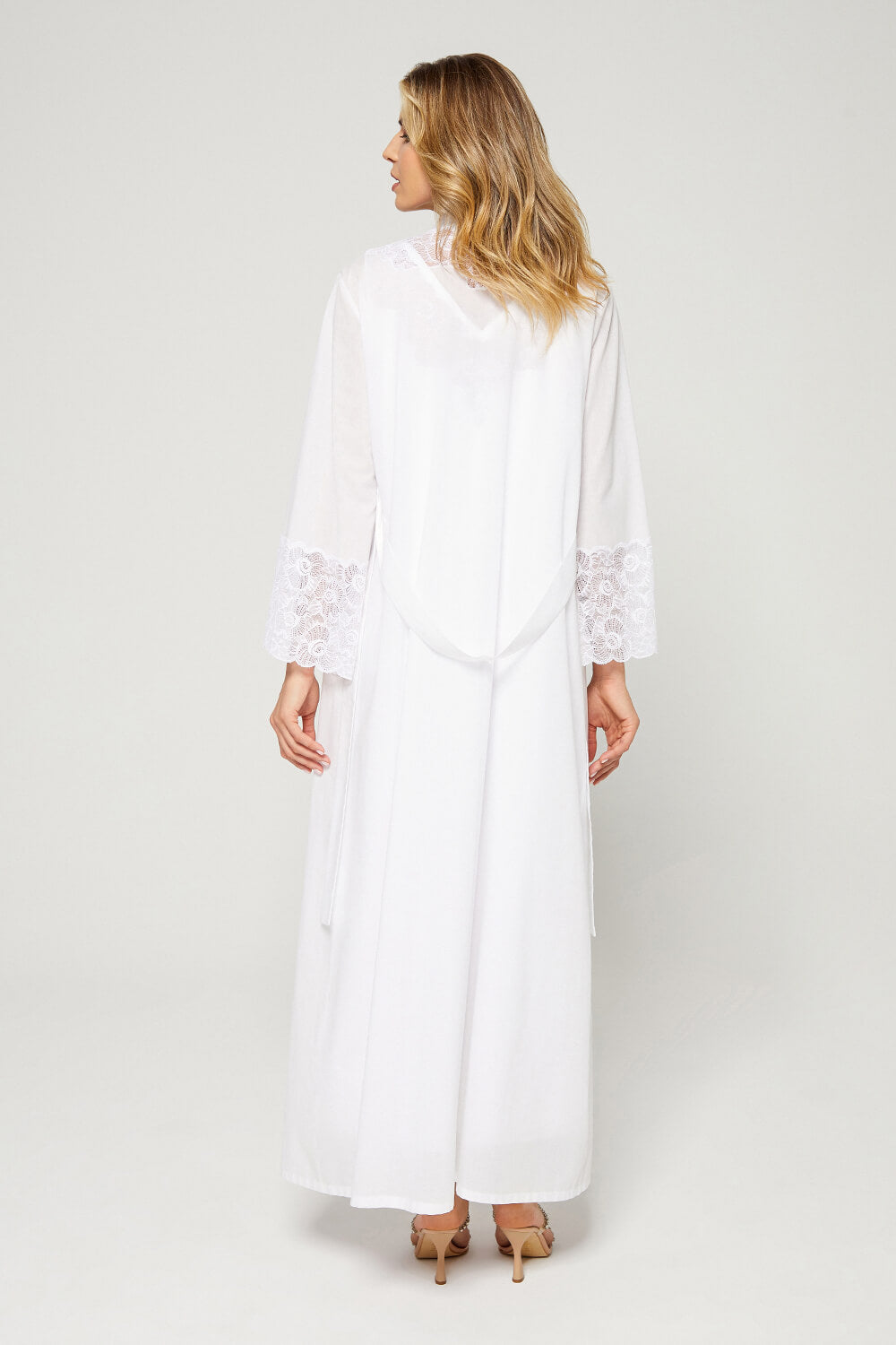 Patty - Long and Buttoned Cotton Voile Robe Set - Off White