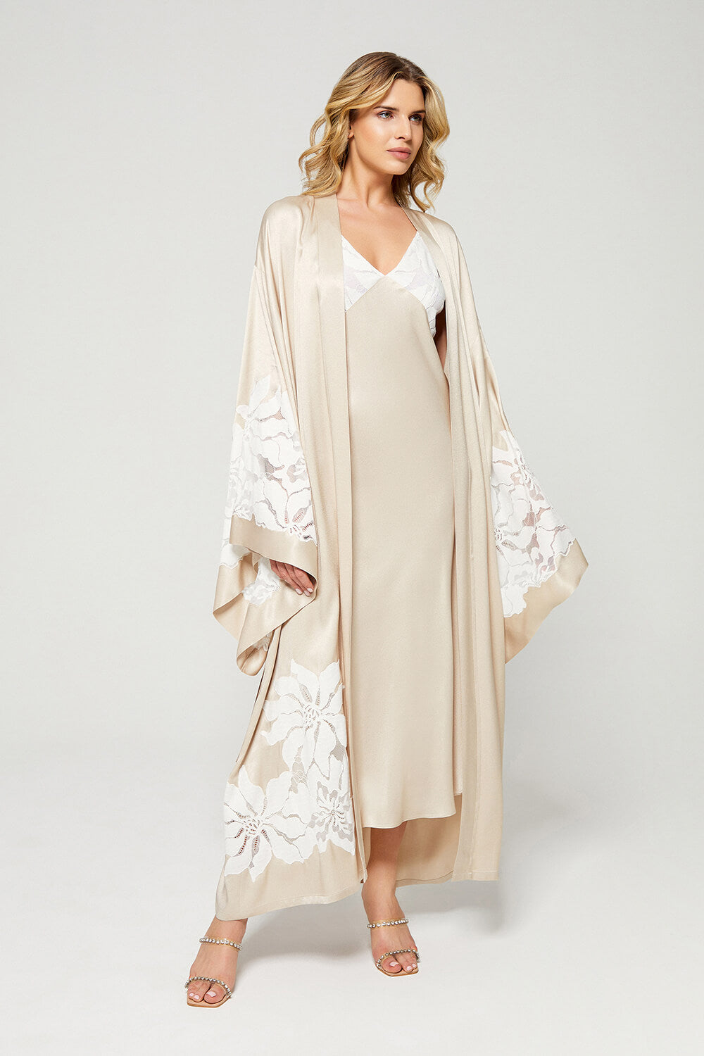 Argos Long Rayon Trimmed with Lace Robe Set - Beige