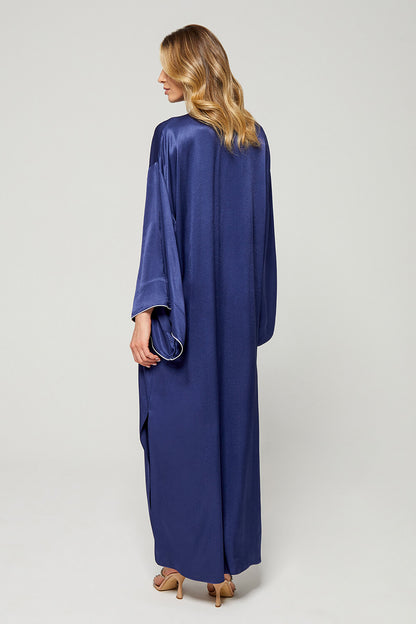 Ghada - Rayon Long Zippered Dress -Navy Blue with Off White Tape Details