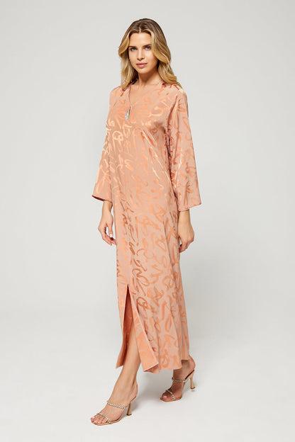 Sahara - Luxury Patterned and Zippered Silk and Viscose Full Length Dress - Dark Nude