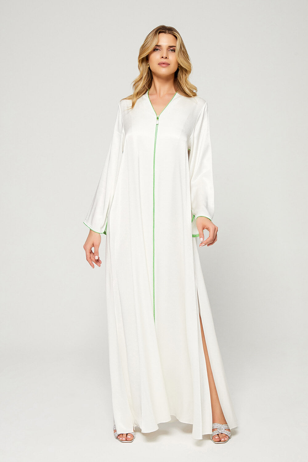 Brusa - Rayon Long Zippered Dress -Off White with Meadow Green Tape Details