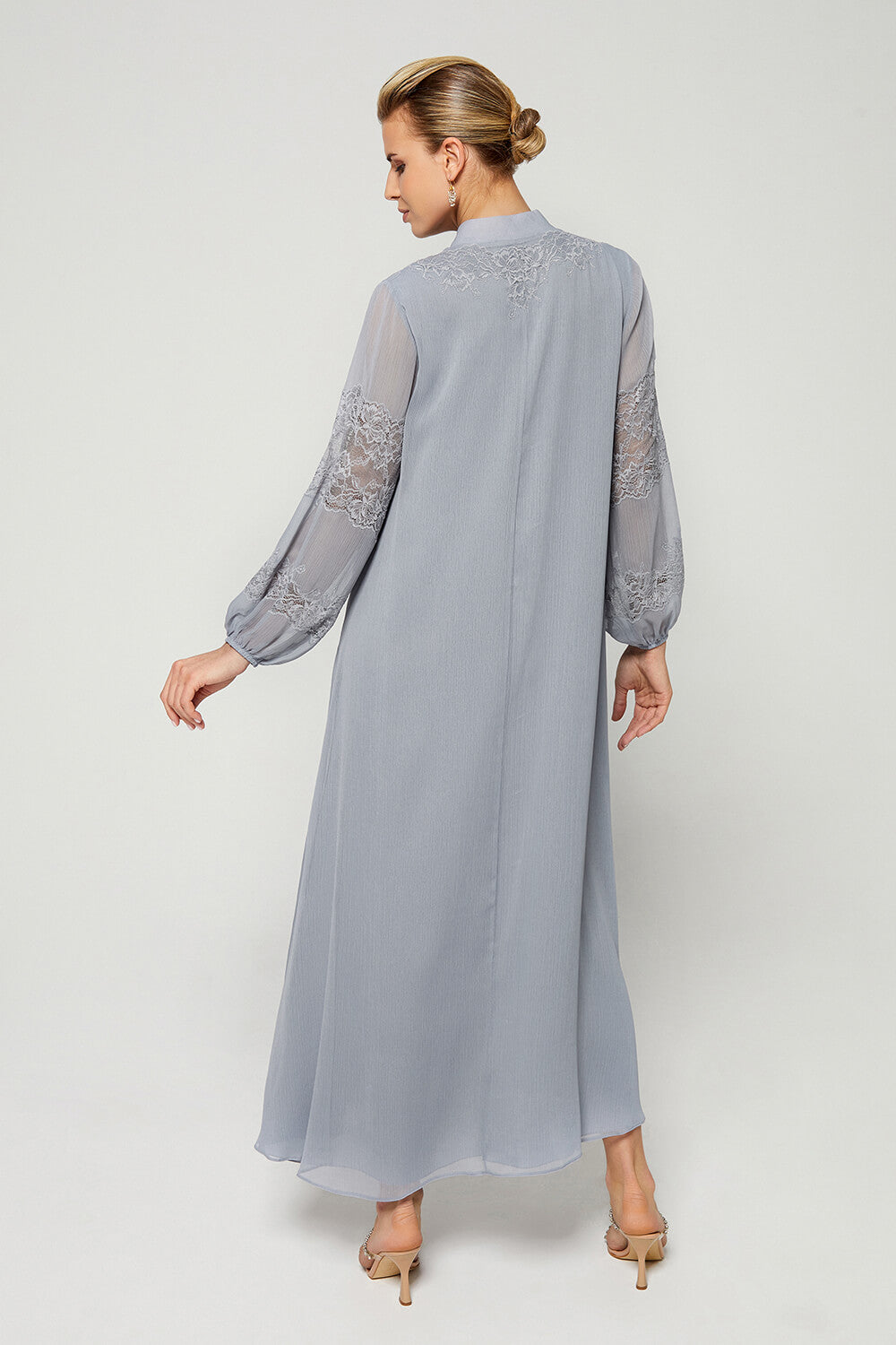 Flint-Luxury Silk Chiffon Trimmed Dress with Half Zipper - Light Grey