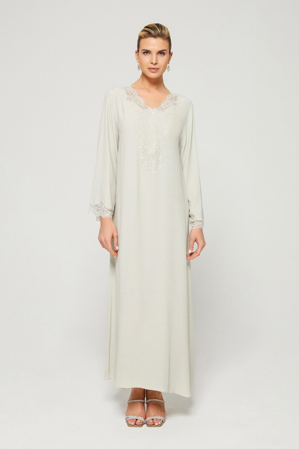 Minty - Long Sleeve Marocain Crepe Zippered Dress with Lace - Mint Green