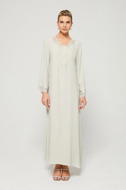 Minty - Long Sleeve Marocain Crepe Zippered Dress with Lace - Mint Green