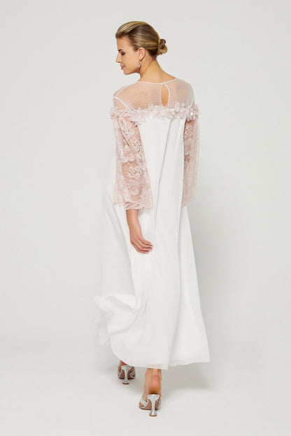 Silk Chiffon Embellished Dress Off White with Baby Pink Lace