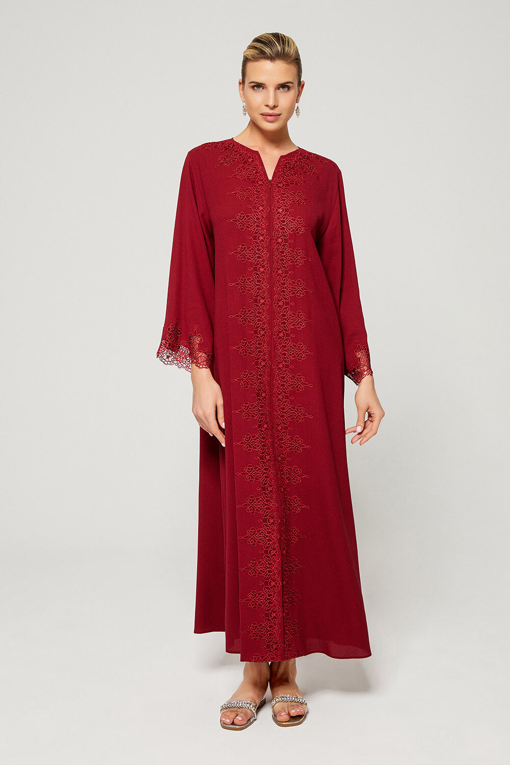 Carmine - Luxury Trimmed Rayon Crepe Full Length Dress with Zipper - Bordeaux Red