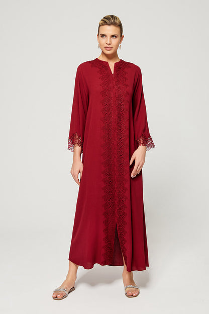 Margaux- Luxury Trimmed Rayon Crepe Full Length Dress with Zipper - Bordeaux Red