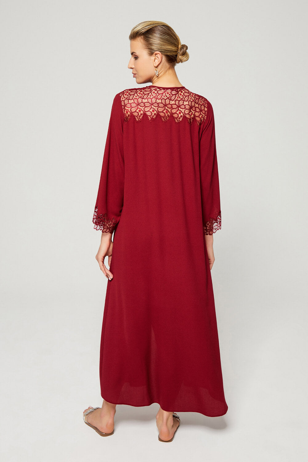 Margaux- Luxury Trimmed Rayon Crepe Full Length Dress with Zipper - Bordeaux Red