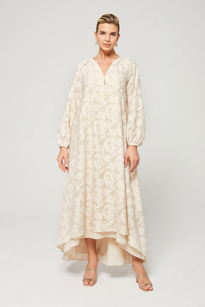 Pearl - Long Cotton Buttoned Dress- Sand