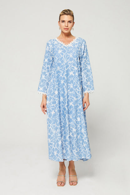 Aseel-Luxury Cotton Trimmed Dress with Zipper - Sky Blue