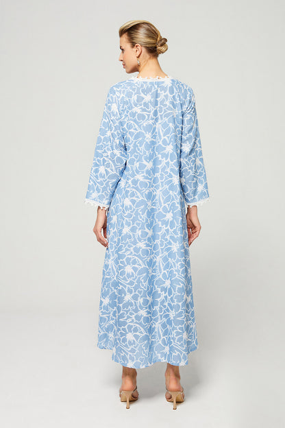 Aseel-Luxury Cotton Trimmed Dress with Zipper - Sky Blue
