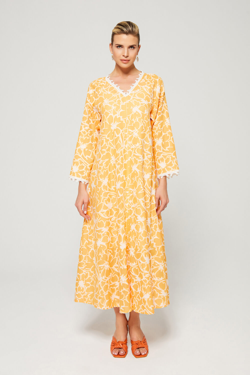 Aseel-Luxury Cotton Trimmed Dress with Zipper - Light Orange