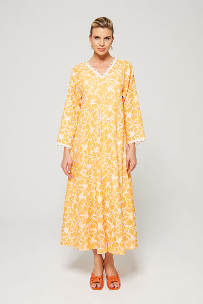 Aseel-Luxury Cotton Trimmed Dress with Zipper - Light Orange