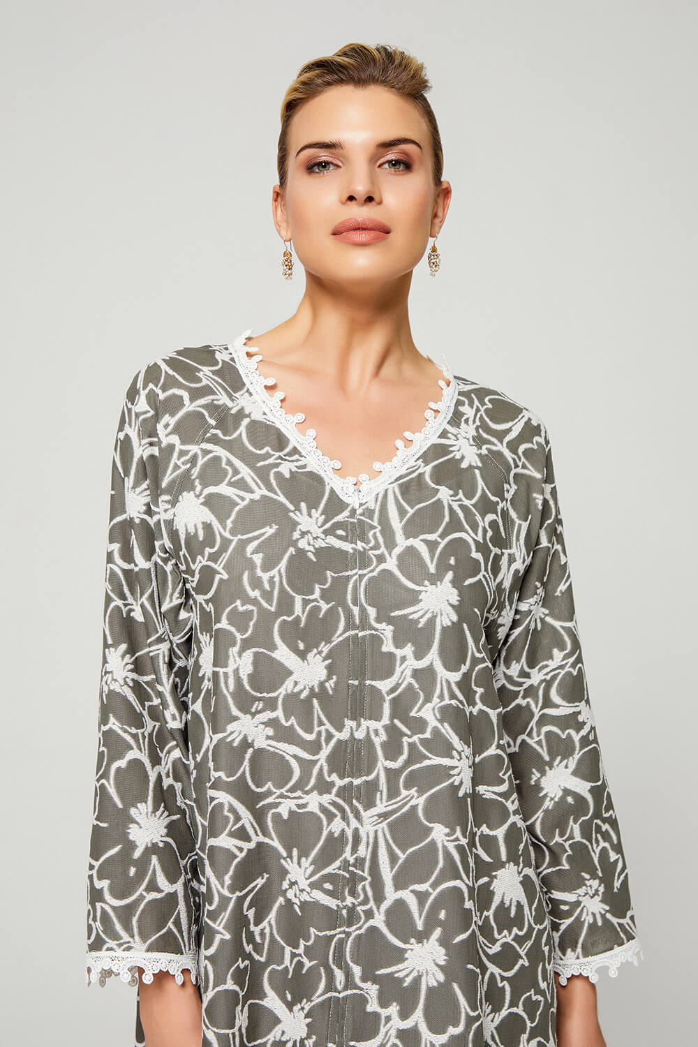 Aseel - Luxury Cotton Trimmed Dress with Zipper - Khaki