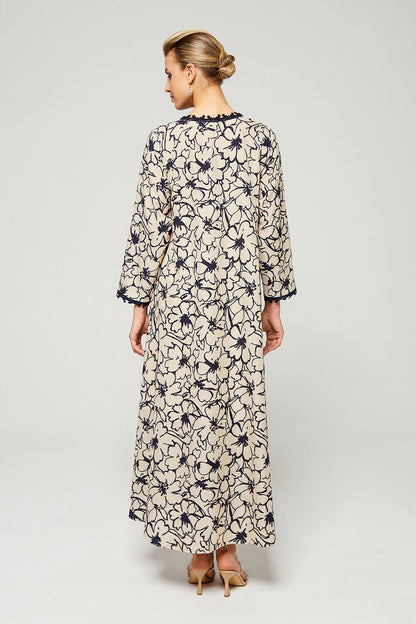 Aseel-Luxury Cotton Trimmed Dress with Zipper - Navy Blue Patterns on Light Beige