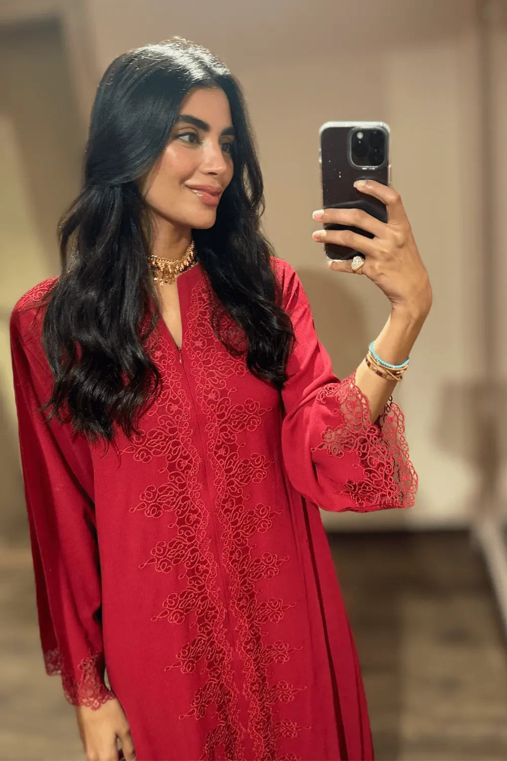 Carmine - Luxury Trimmed Rayon Crepe Full Length Dress