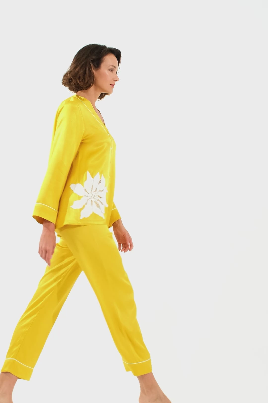 Asahi Trimmed Rayon and Buttoned Long Sleeve Pyjama Set - Yellow