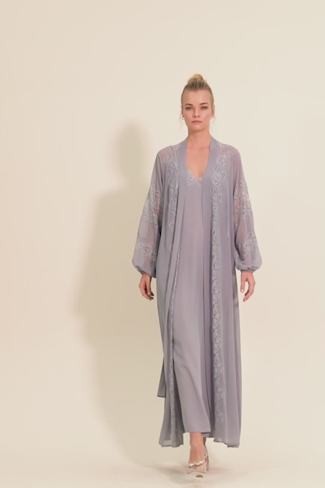 Ashley - Long Silk Chiffon Robe Set - Light Grey