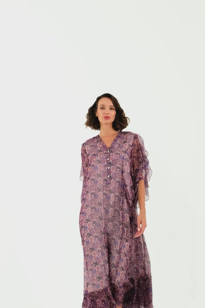 Anjeer Long Printed Silk Chiffon Dress - Purple