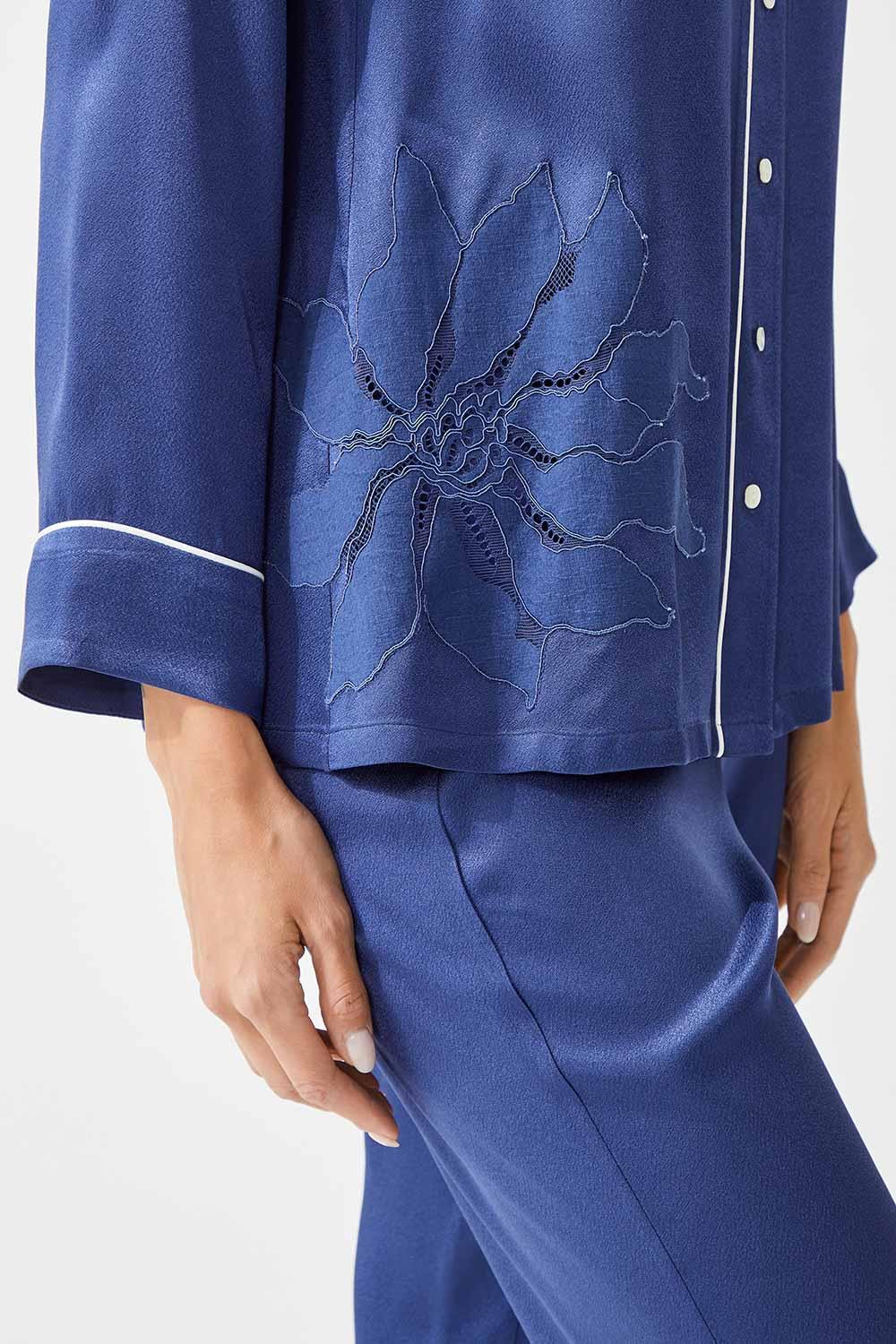 Abelia Trimmed Rayon and Buttoned Long Sleeve Pyjama Set - Navy Blue - Bocan