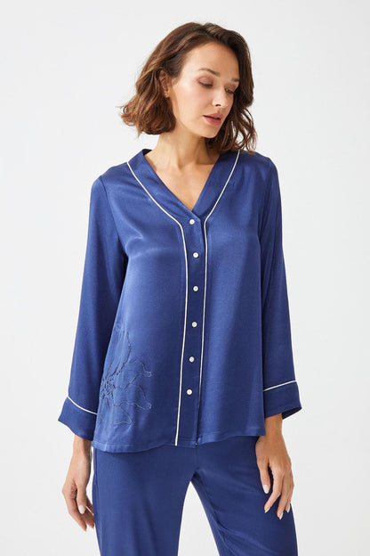 Abelia Trimmed Rayon and Buttoned Long Sleeve Pyjama Set - Navy Blue - Bocan
