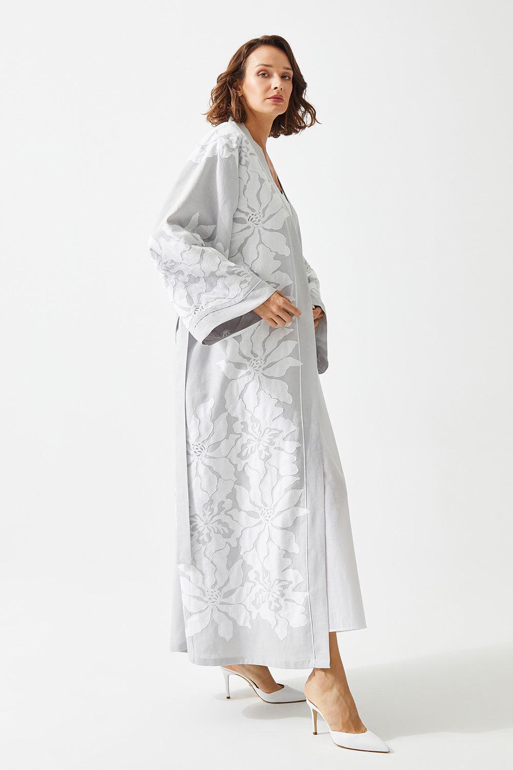 Acacia Long Linen Embroidered with Lace Kaftan Set - Bocan