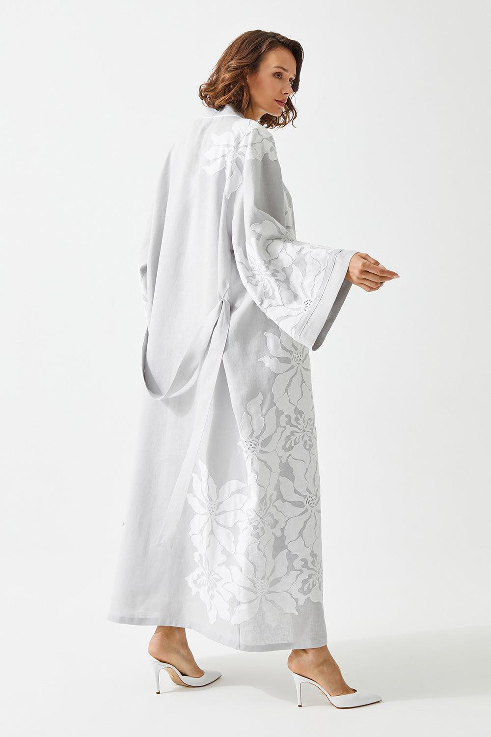 Acacia Long Linen Embroidered with Lace Kaftan Set - Bocan