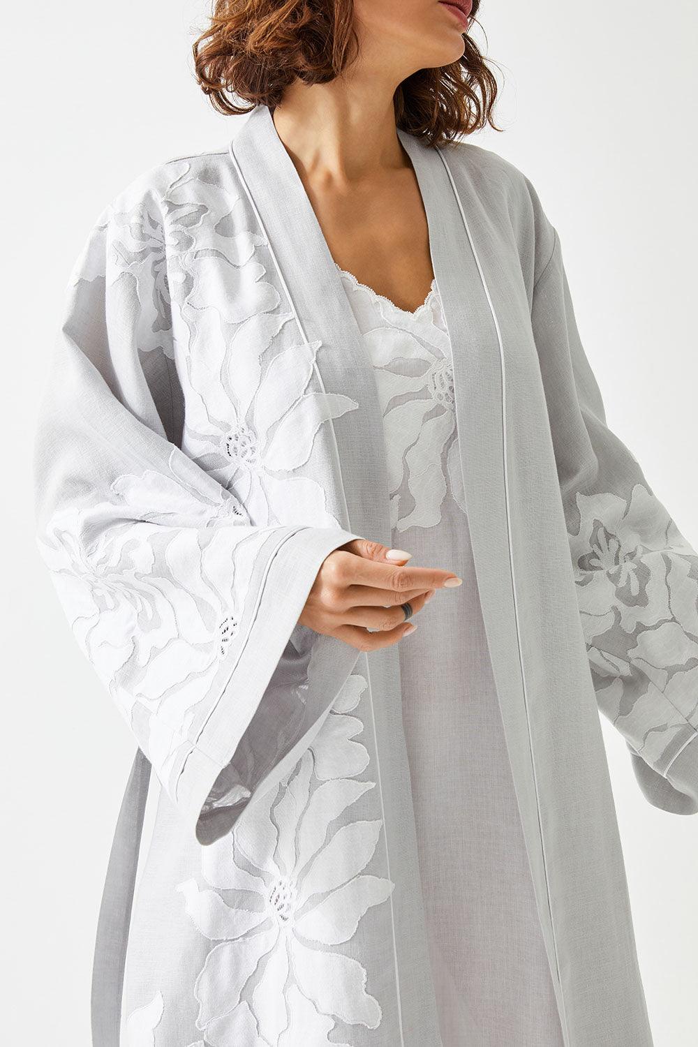 Acacia Long Linen Embroidered with Lace Kaftan Set - Bocan