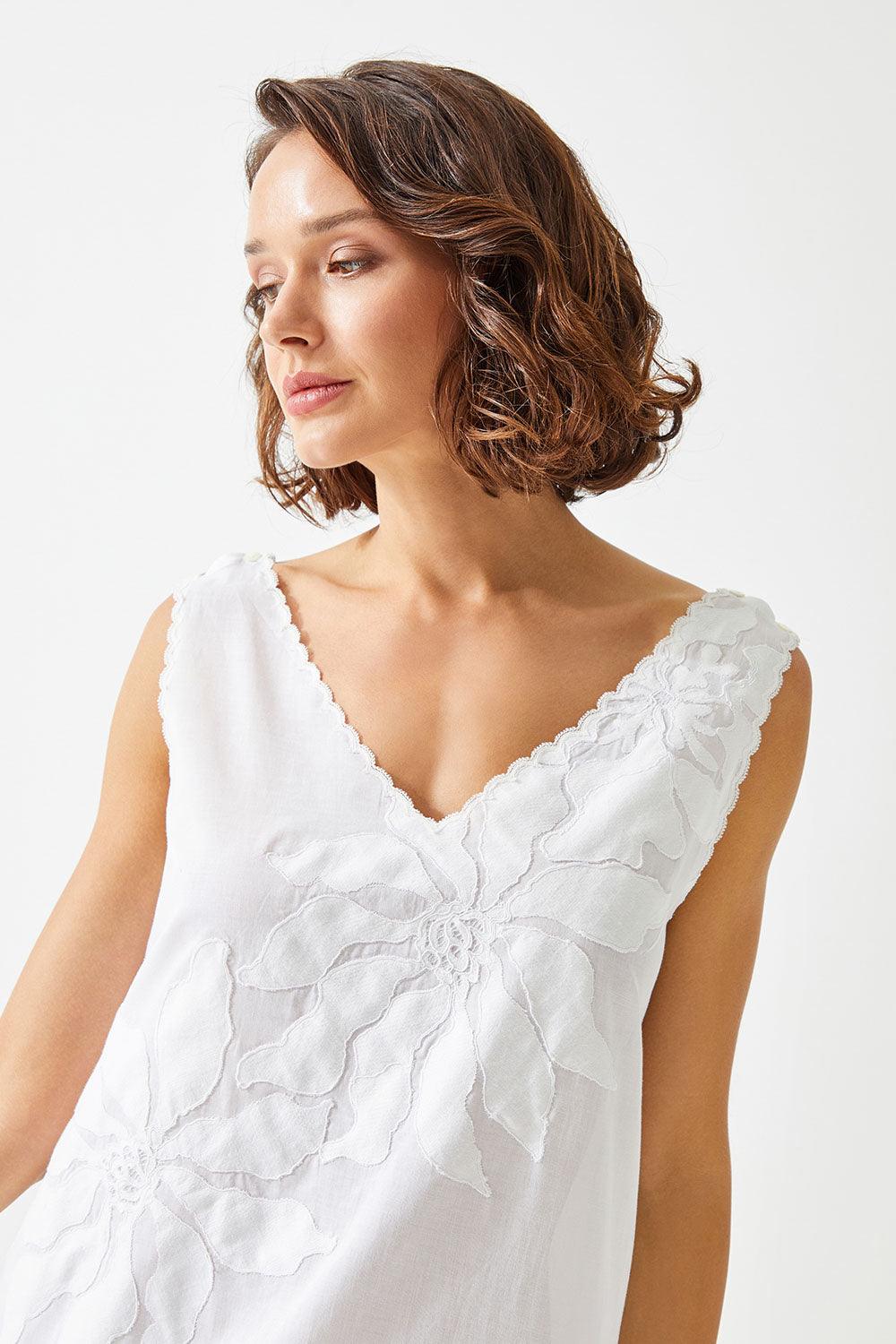 Aila Long Cotton Embroidered with Lace V Neck Nightgown - Off White - Bocan
