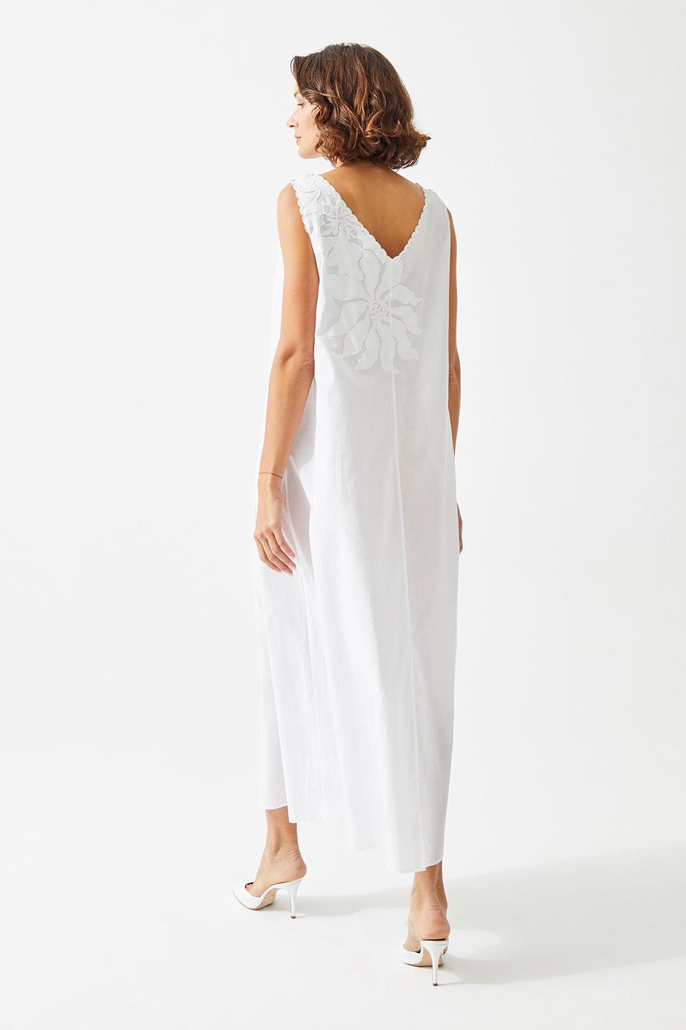 Aila Long Cotton Embroidered with Lace V Neck Nightgown - Off White - Bocan