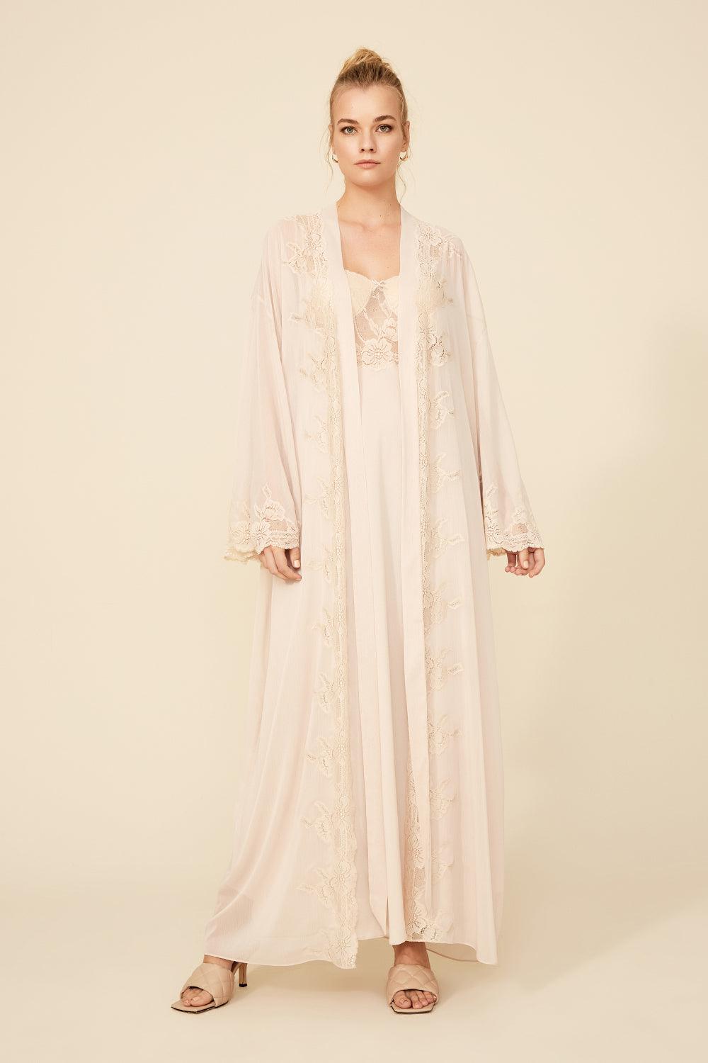 Alana - Long Silk Chiffon Robe Set with Fanlike Sleeve- Sand - Bocan