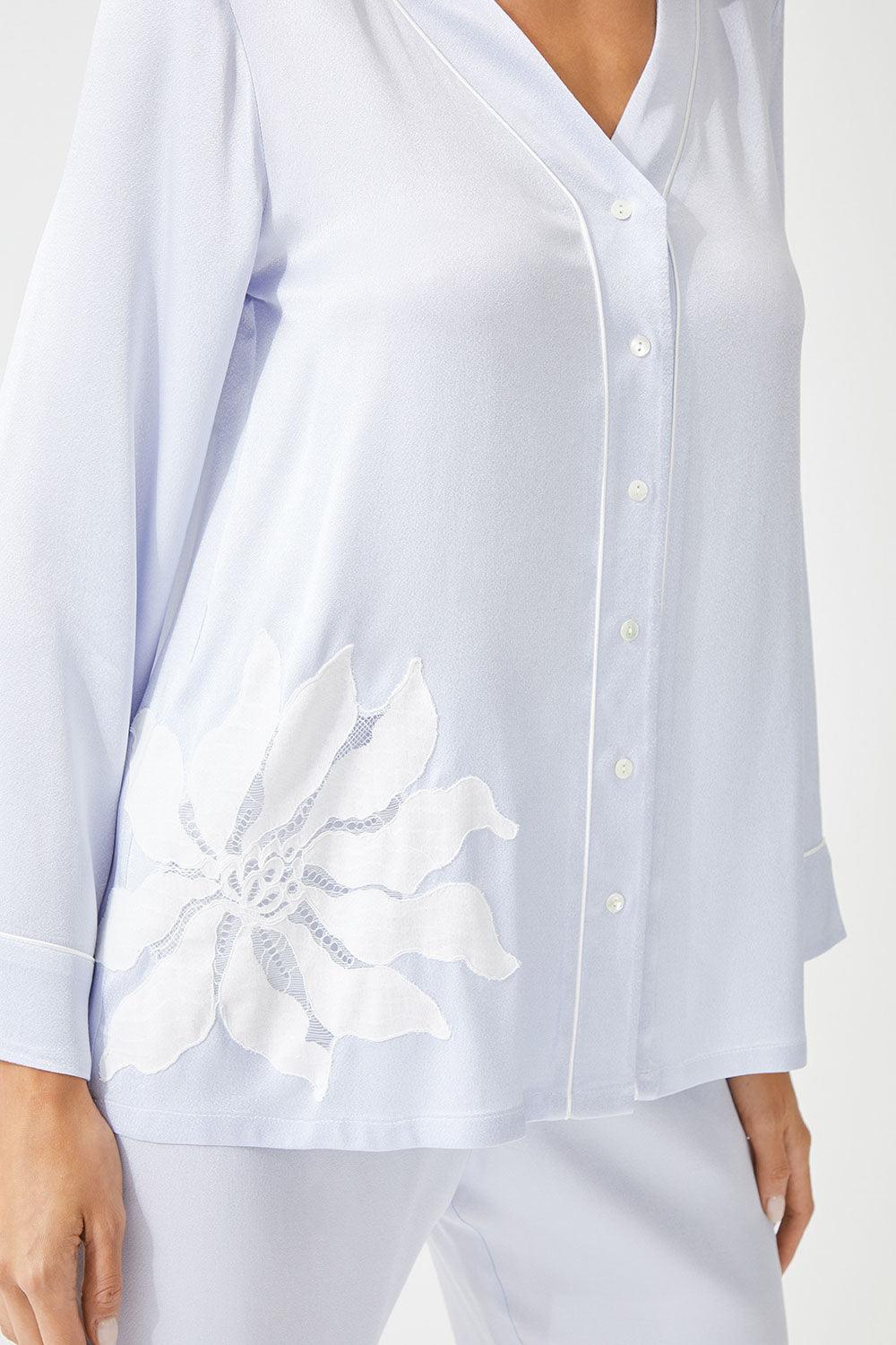 Alnus Trimmed Rayon and Buttoned Long Sleeve Pyjama Set - Ice Blue - Bocan