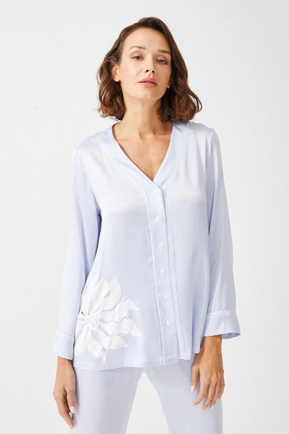 Alnus Trimmed Rayon and Buttoned Long Sleeve Pyjama Set - Ice Blue - Bocan