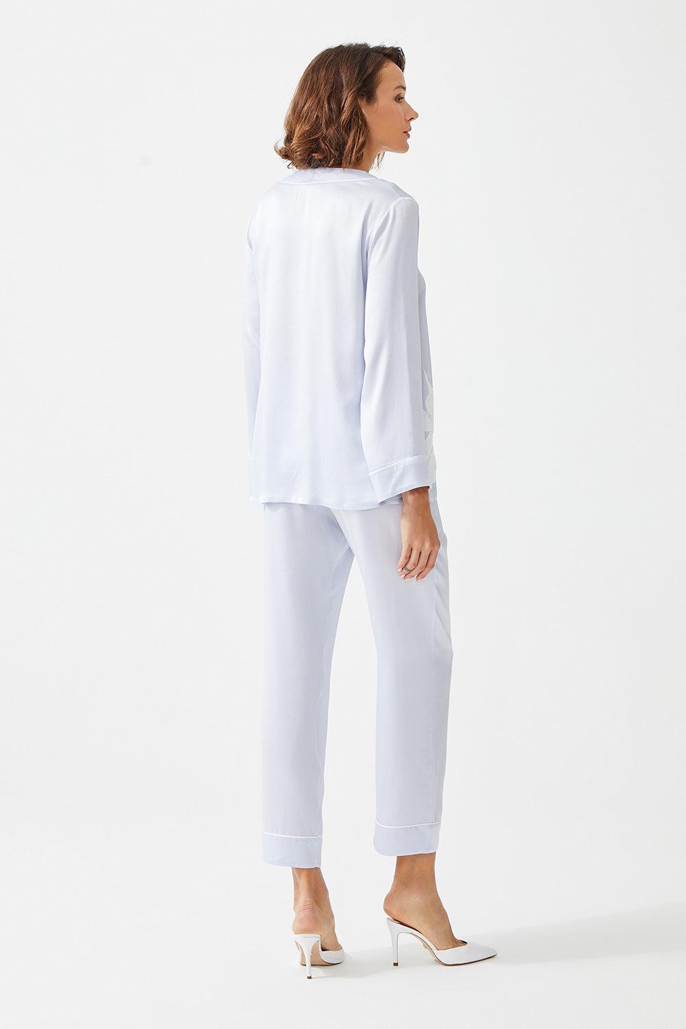 Alnus Trimmed Rayon and Buttoned Long Sleeve Pyjama Set - Ice Blue - Bocan