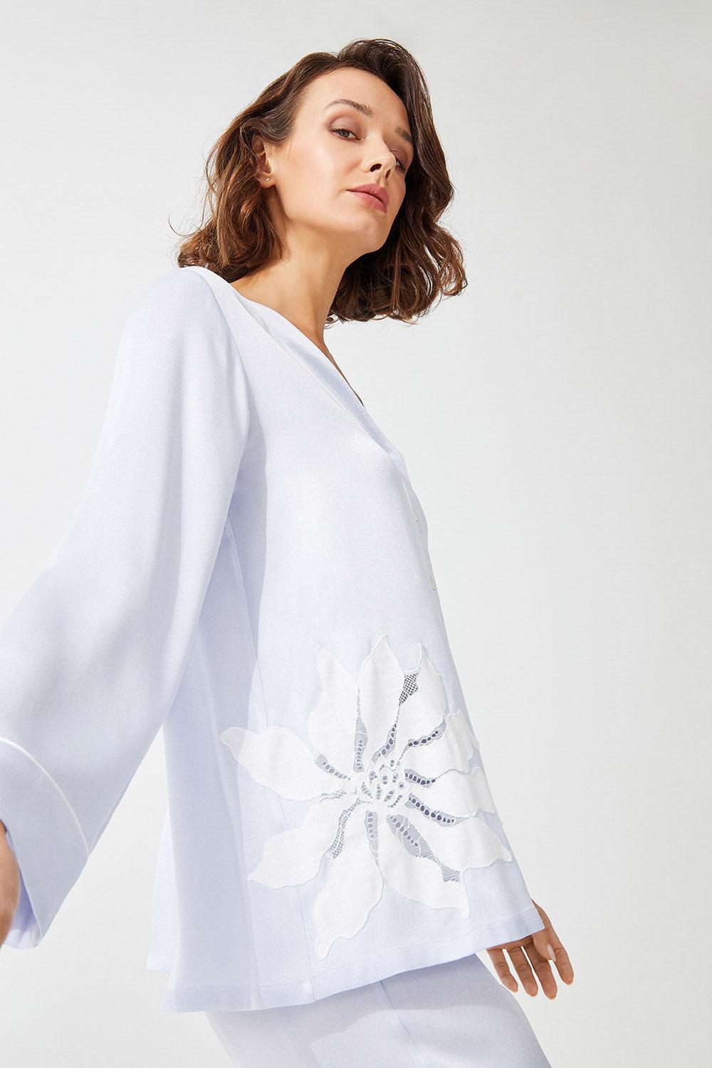 Alnus Trimmed Rayon and Buttoned Long Sleeve Pyjama Set - Ice Blue - Bocan