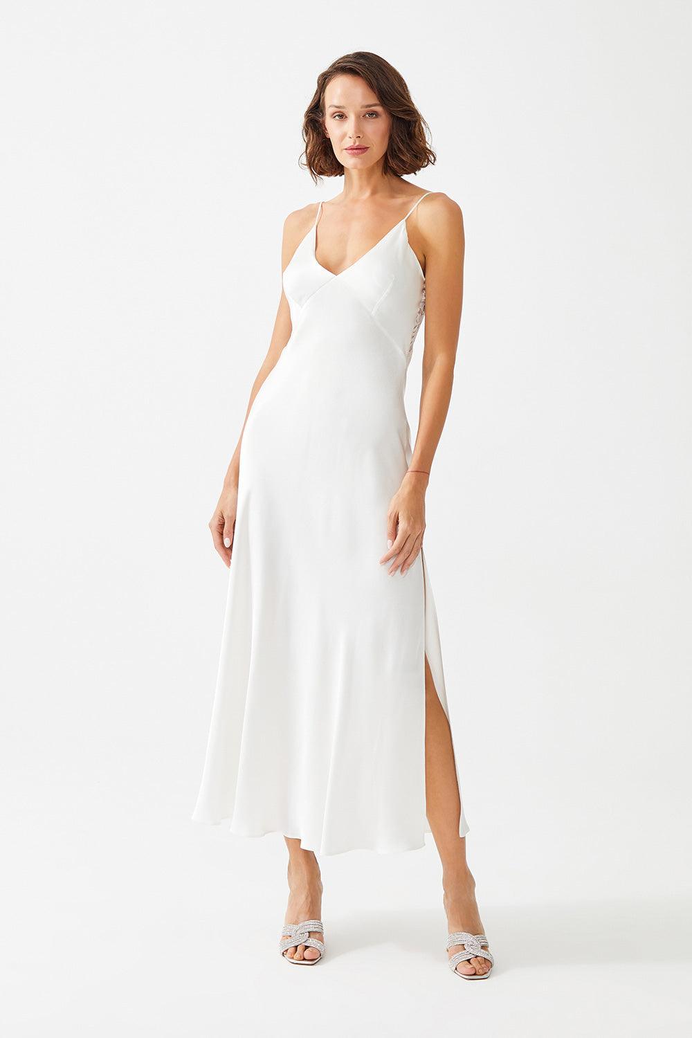 Alyssa Long Rayon Trimmed Slip Dress - Off White - Bocan