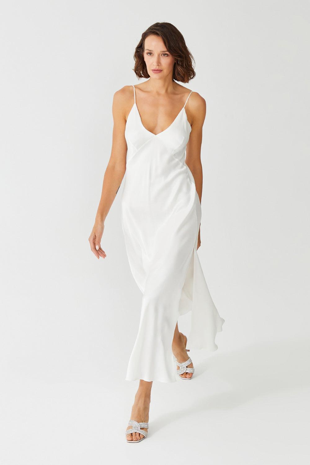 Alyssa Long Rayon Trimmed Slip Dress - Off White - Bocan