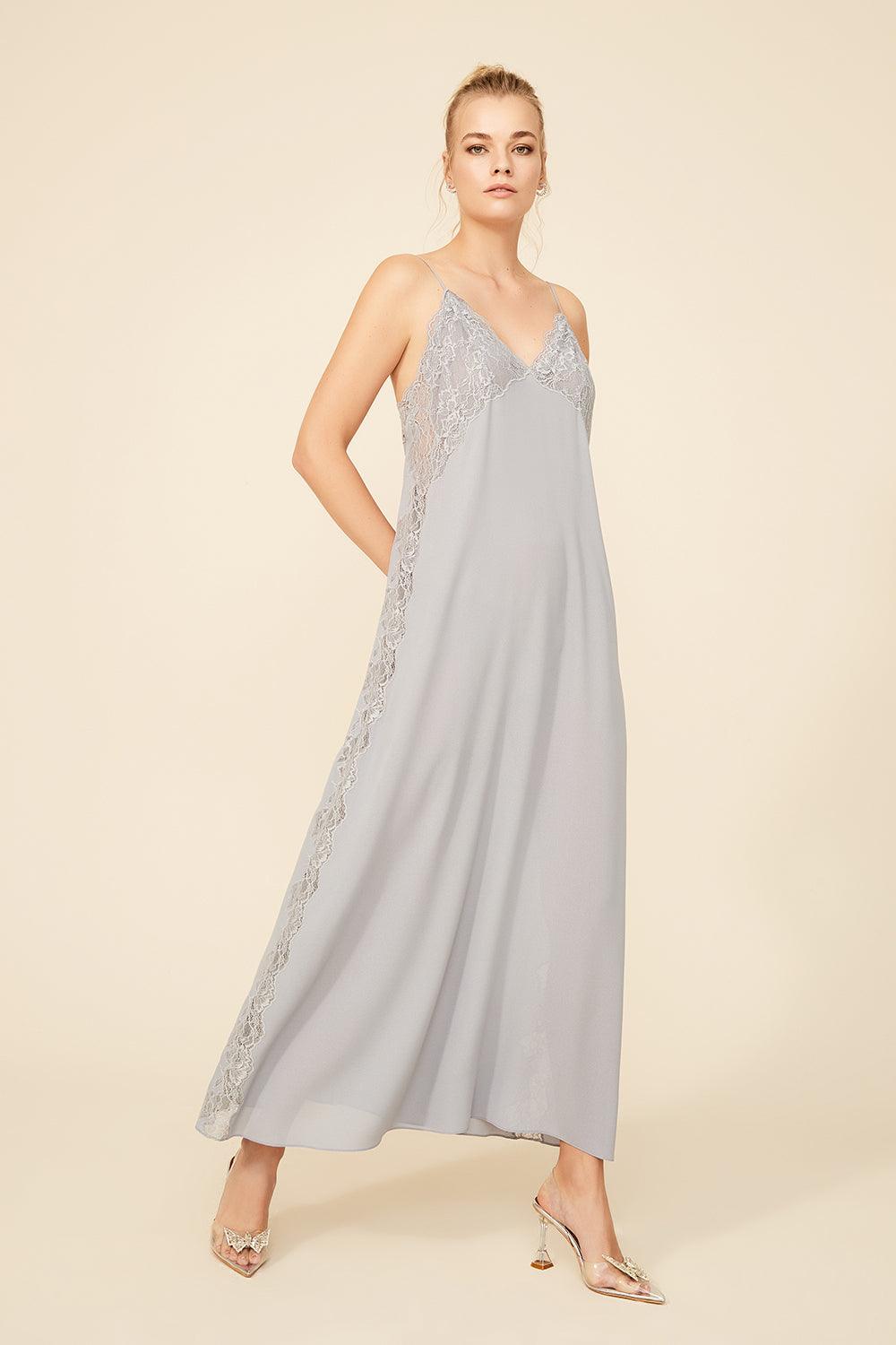 Amy - Long Silk Strapped Nightgown - Light Grey - Bocan