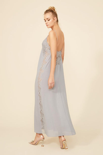 Amy - Long Silk Strapped Nightgown - Light Grey - Bocan